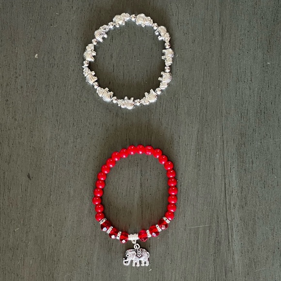 High Heels on the High Road Jewelry - 🐘♥️ Set 2 African Elephant Red Crystal Charm + Silver Bead Stretch Bracelets